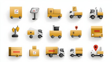 Poster - Delivery Service Symbols with Trucks Boxes and Fast Delivery Icons on White Background  Logistics Transportation and Shipping Concept