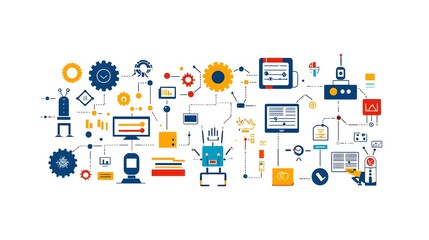 Fototapete - icons representing robotic process automation RPA with various symbols including robots gears and automated tasks set against a clean white background  Conceptual for digital transformation