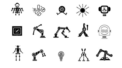 Fototapete - Collection of robotic process automation icons including robot arms workflow automation and symbols on a white background  Representing digital technology software solutions