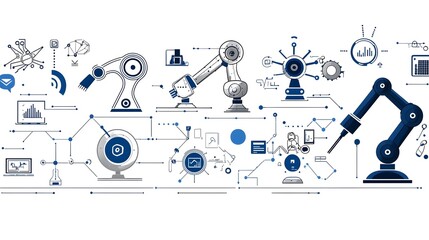 Fototapete - Collection of robotic process automation icons including robot arms workflow automation symbols and graphics on a white background