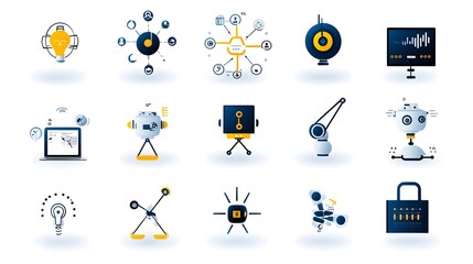 Fototapete - Robotic Process Automation Icons with Symbols of Algorithms Data Processing and Digital Workflow Representing Automation Efficiency and Innovation in the Tech Industry
