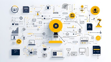 Fototapete - A collection of icons representing robotic automation technologies including digital workflows AI processing and automation bots all set against a clean white background