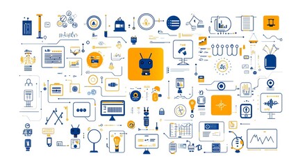 Fototapete - Robotic Automation Icons with Symbols of Process Flow Data Management and Digital Bots on a Clean White Background  Technology Machine Learning and Futuristic Digital Transformation Concept