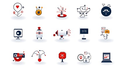 Fototapete - Robotic Automation Icons with Symbols of Process Flow Data Management and Digital Bots on a White Background