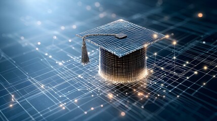 Leinwandbilder - Abstract digital art of a glowing graduation cap made of lines and dots floating over a network grid representing the concept of education and technology on a dark blue background