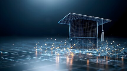 Poster - 3D render of a graduation cap made from bright geometric lines and nodes floating over a connected digital grid