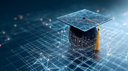 Poster - depiction of a luminous graduation cap made from bright lines and nodes floating over a connected grid highlighting the educational potential and futuristic innovation on a dark blue background