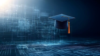 Fototapete - Glowing lines and dots creating a digital graduation cap floating over a technological grid representing the foundation of education on a dark blue background