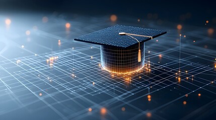 Poster - Glowing abstract graduation cap made of luminous lines and dots hovering over a grid network representing the growth potential and transformation achieved through education on a dark blue background