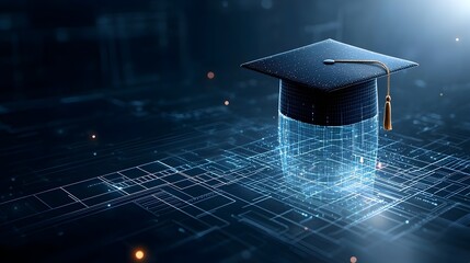 Fototapete - Glowing digital graduation cap with lines and dots creating a futuristic technology based representation of education and academic achievement floating over a sleek