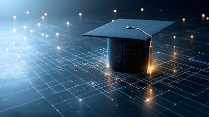 Poster - Glowing Graduation Cap of Luminous Lines and Dots Hovering Above a Futuristic Grid Network Representing the Growth Potential and Transformative Power of Education and Learning
