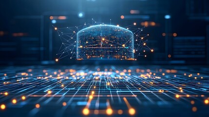 Fototapete - digital cap made from glowing dots and lines floating above a grid of connectivity symbolizing the power of technological knowledge on a dark blue background