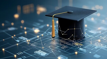 Poster - Glowing graduation cap illustrated with connected lines and dots over a network grid highlighting the transformative nature of education against a dark blue background