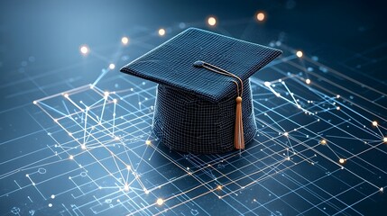 Poster - Glowing graduation cap illustrated with connected lines and dots over a network grid highlighting the transformative nature of education on a dark blue background