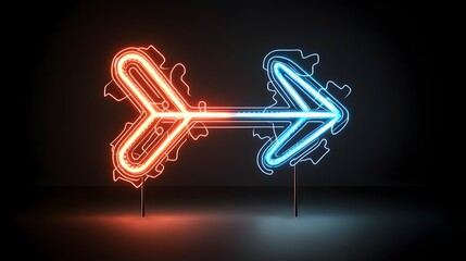 Aufkleber - Vibrant glowing arrow made of light beams radiating dynamic motion and speed on a black background  Graphic digital design with a futuristic energetic and powerful visual effect