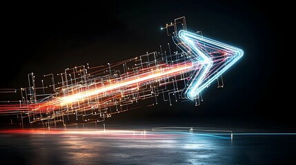 Poster - Vibrant dynamic image of a right pointing arrow formed by bright colorful beams of light giving a sense of and flow on a dark black background  The luminous rays create an impression of speed energy