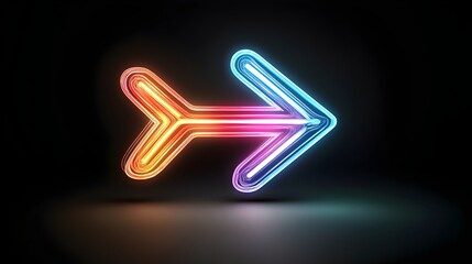 Poster - Sleek and striking dynamic arrow shape composed of multicolored glowing light beams pointing to the right set against a bold black background for a modern futuristic visual effect