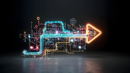Aufkleber - Vibrant colorful glowing arrow shaped beams of light pointing to the right creating a sense of dynamic motion energy and forward momentum on a dark background