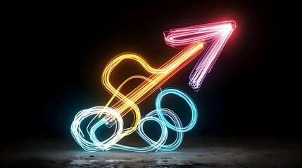 Aufkleber - Radiant directional arrow formed by dynamic flowing colorful beams of light on a dark background  This abstract futuristic graphic design element represents energy motion and guidance