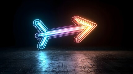 Fototapete - Bright colorful beams of light forming a fast moving arrow pointing right on a dark black background with an energetic flow and dynamic motion
