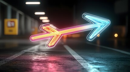 Aufkleber - Sleek luminous arrow made of vibrant multicolored light beams pointing dynamically on a black background capturing a sense of speed energy and futuristic technology