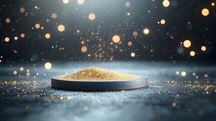Leinwandbilder - Floating golden dust particles create a mesmerizing and magical ambiance against a dark backdrop with sparkling light spots and bokeh effects for a dreamlike ethereal and visually captivating scene