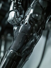 Aufkleber - A close view highlights the intricate design of a modern prosthetic leg featuring durable metal and lightweight carbon fiber elements. Generative AI