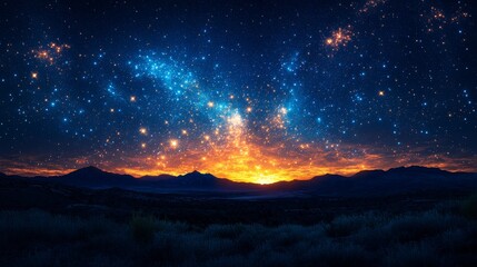 Wall Mural - majestic cosmic sunset over distant mountains