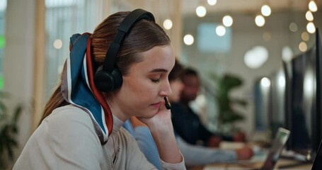 Poster - Frustrated woman, night or consultant with headphones in call center for burnout, fatigue or stress at office. Tired, female person or bored agent working late with online crisis, mistake or pressure
