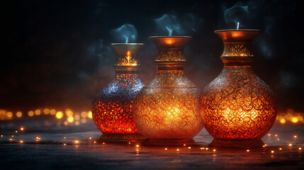 Ornate lanterns glowing with warm light in dark ambiance