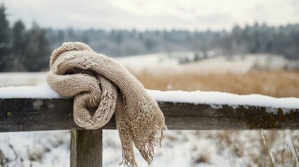 Canvas Print - Cozy Winter Scene with Scarf on a Snowy Fence