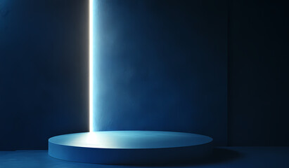 Minimalist blue podium illuminated by glowing neon lights design