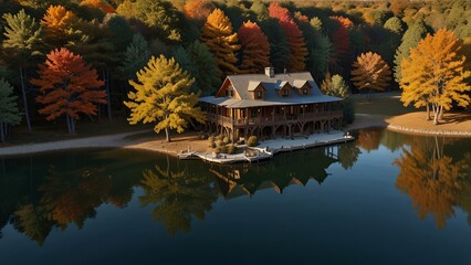 Autumn Lake House with Dock and Fall Foliage Reflections