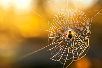 Wall Mural - Close-up of a spider in its intricate web, beautifully backlit by warm light.