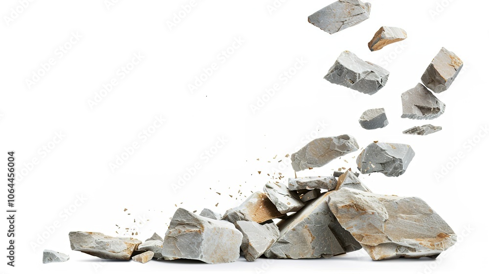 Falling Rocks White Isolated falling rocks on a white background create a dramatic and ...