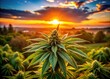 © kittipon - Close-Up Cannabis Bud with Green Leaves Against Sunset Sky - Drone Photography