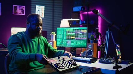 Poster - Music producer explaining faders and knobs on mixing console before teaching advanced post production stuff. Musical instructor gives advice about acoustical engineering, online vlog. Camera B.