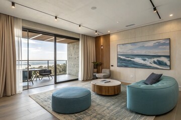 Modern coastal living room, panoramic ocean view, floor-to-ceiling windows, sliding glass doors, balcony access, turquoise circular ottomans, wooden coffee table, beige curtains, track lighting, ocean