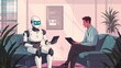© Intach - A human candidate and an AI robot quietly compare notes in a chic office lobby, waiting for their names to be called for the job interview