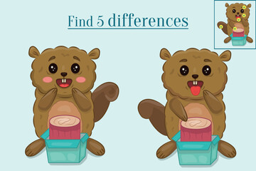 Find five differences from animals, compare two beavers and find the differences. This is an educational game for kids.A page with training materials. Preparing for school.