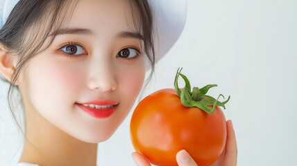 Portrait of beauty health Asian woman having fun hold tomato cooking, vegan food healthy eat, fresh vegetable, Lycopene, vitamins, skincare, vegetarian in kitchen.Diet.Fitness, healthy food 