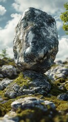 Poster - A Large Stone Balanced on a Smaller Rock in a Mossy Landscape