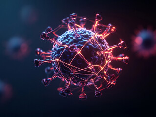 Close-up view of a virus with illuminated details, abstract digital concept.