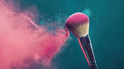 Advertisement pictures for makeup brushes. A makeup brush gently dusting colorful powder with vibrant hues of eyeshadow spreading in the air.