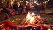 © Chirawan - A picture of a group of teenage friends sitting around a campfire with a decorated Christmas tree and many gifts and lights. Christmas, the festival of happiness.