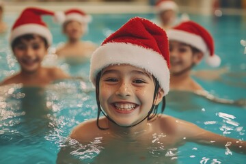 Happy group of kids in santa hat celebrating christmas in swimming pool , winter season