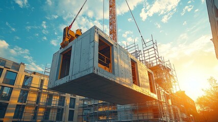 Aufkleber - A construction crane hoists a large concrete module into the air amidst an urban setting. Scaffolding frames surround the area, and the sun sets, casting a warm glow over the buildings.
