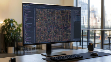 Computer monitor displaying code on a wooden desk with a black mouse and keyboard.