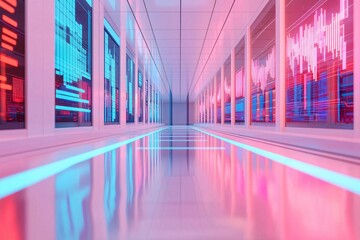 Wall Mural - futuristic corridor featuring vibrant light reflections and digital data visuals, ideal for tech and