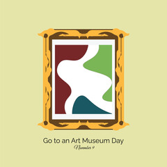 Go to an Art Museum Day celebrated on November 9. Abstract modern art painting on display at art gallery. Vector, illustration.